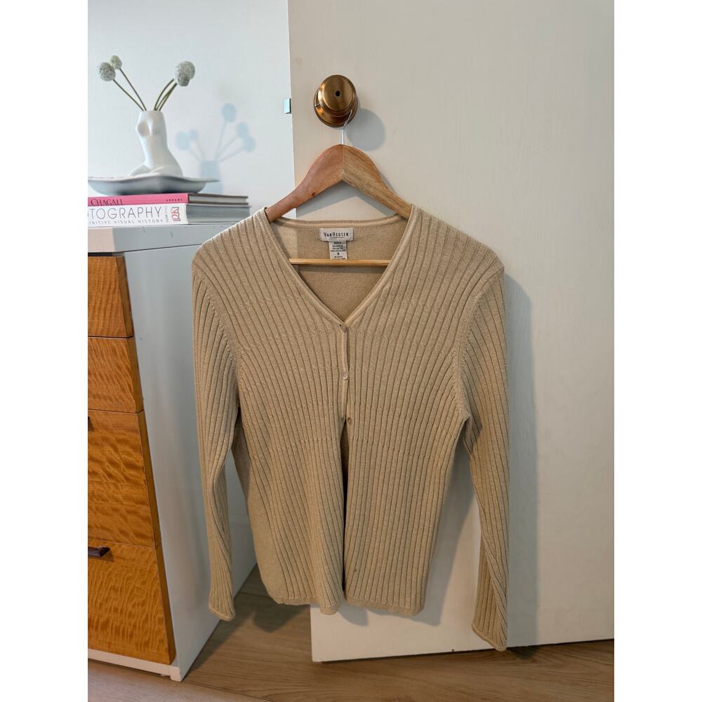 Vintage Van Heusen Ribbed Beige Cardigan ✨ Classic‎ 90s Minimal Knit